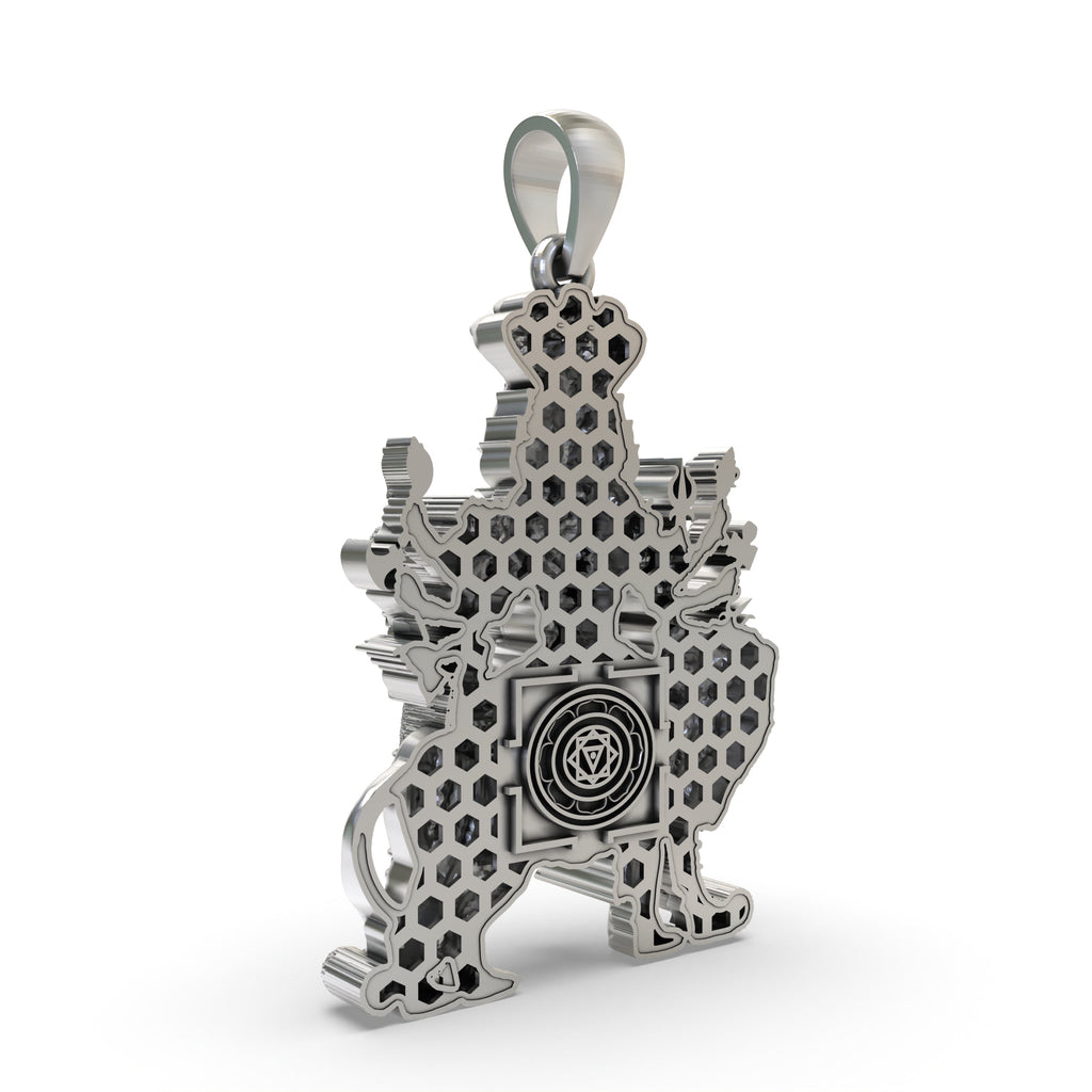 The 40mm Silver Pratyangira Pendant shown for scale, crafted from pure 925 silver with an antique oxidized look.