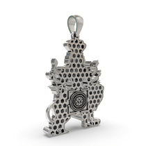 The 40mm Silver Pratyangira Pendant shown for scale, crafted from pure 925 silver with an antique oxidized look.
