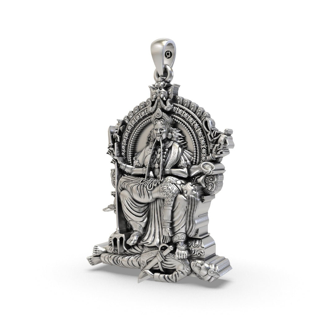 A close-up shot of the Periyachi Amman 925 silver pendant, focusing on the deity's powerful facial expression.