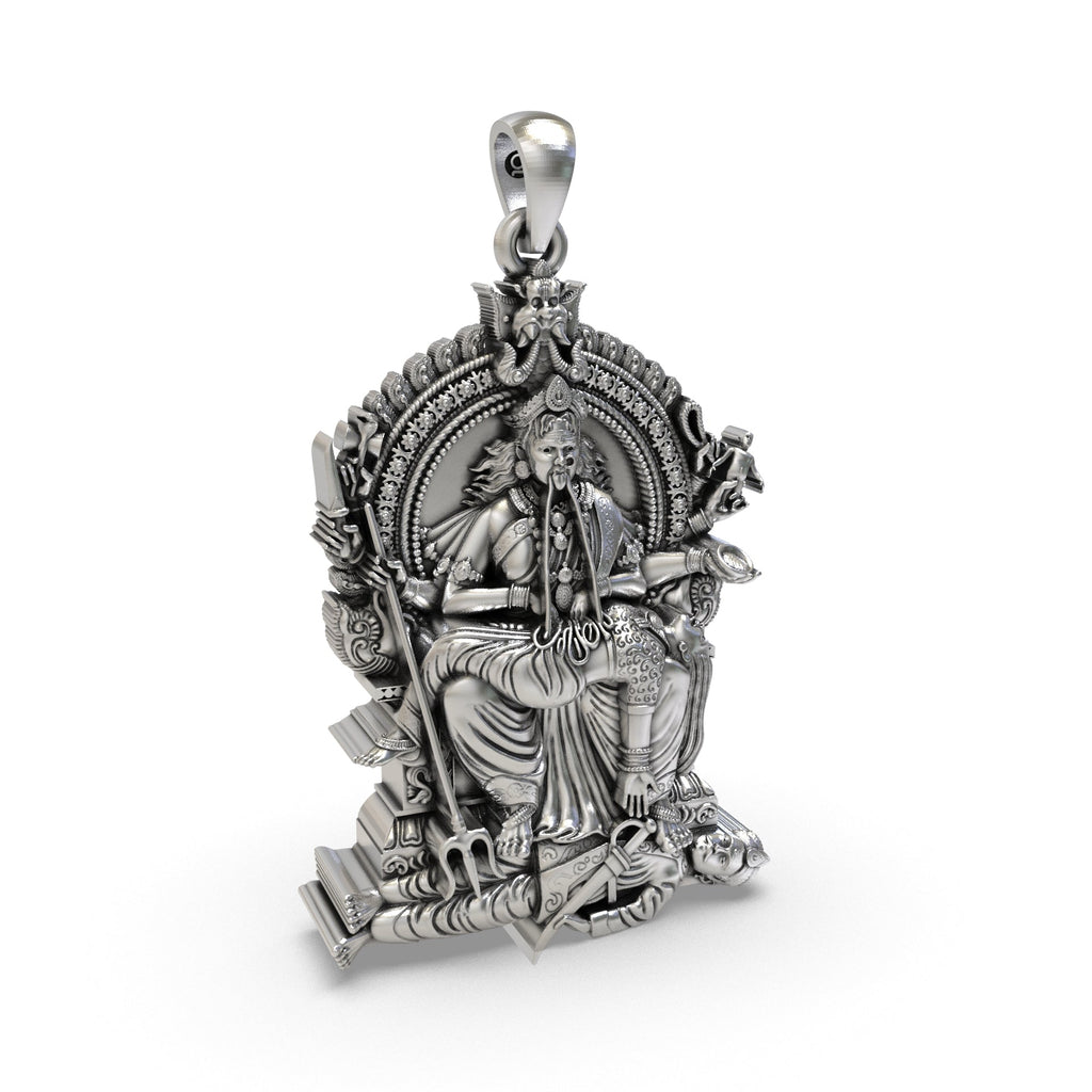 Angled view of the Periyachi Amman 925 silver pendant, showing the oxidized finish that adds an antique look.