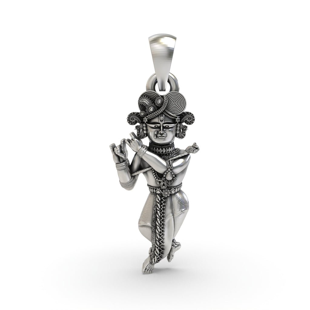 Front view of the 925 oxidised silver Radha Raman pendant, showing the antique detailed carving of Krishna.