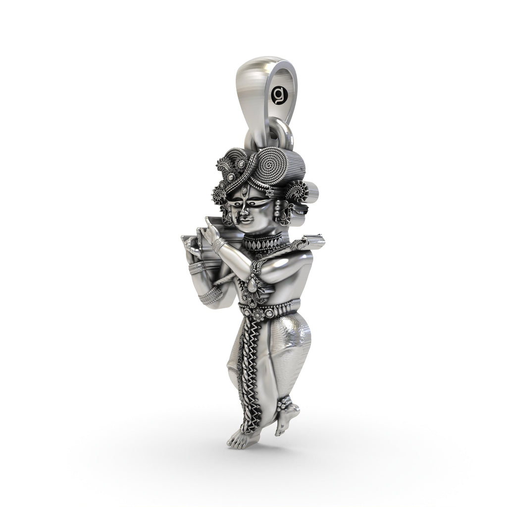 Angled side profile of the antique Radha Raman Krishna locket, crafted from pure 925 sterling silver.