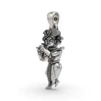 Angled side profile of the antique Radha Raman Krishna locket, crafted from pure 925 sterling silver.
