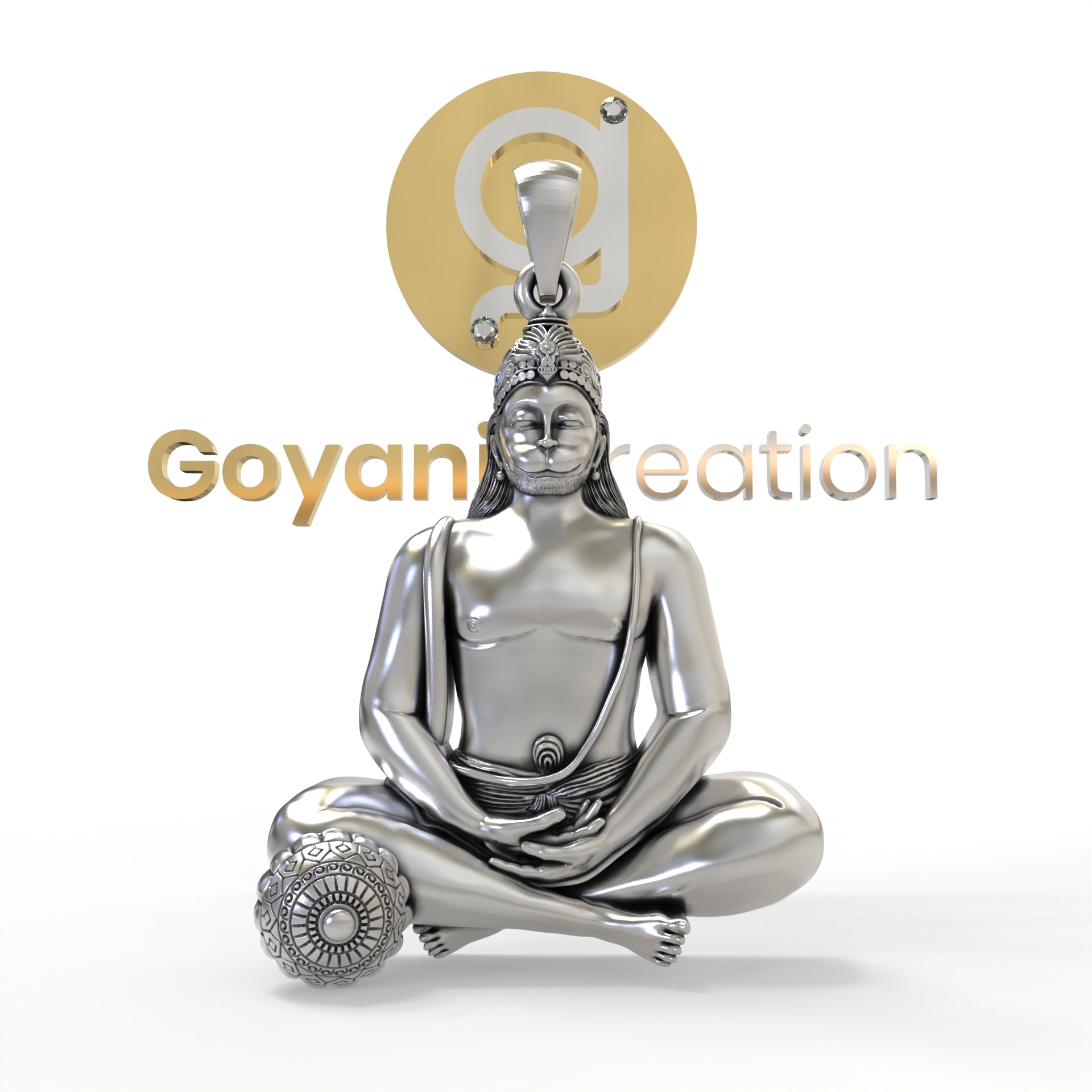 Front view of the Silver Moraribapu Meditating Hanumanji Pendant in an oxidized 925 sterling silver finish.