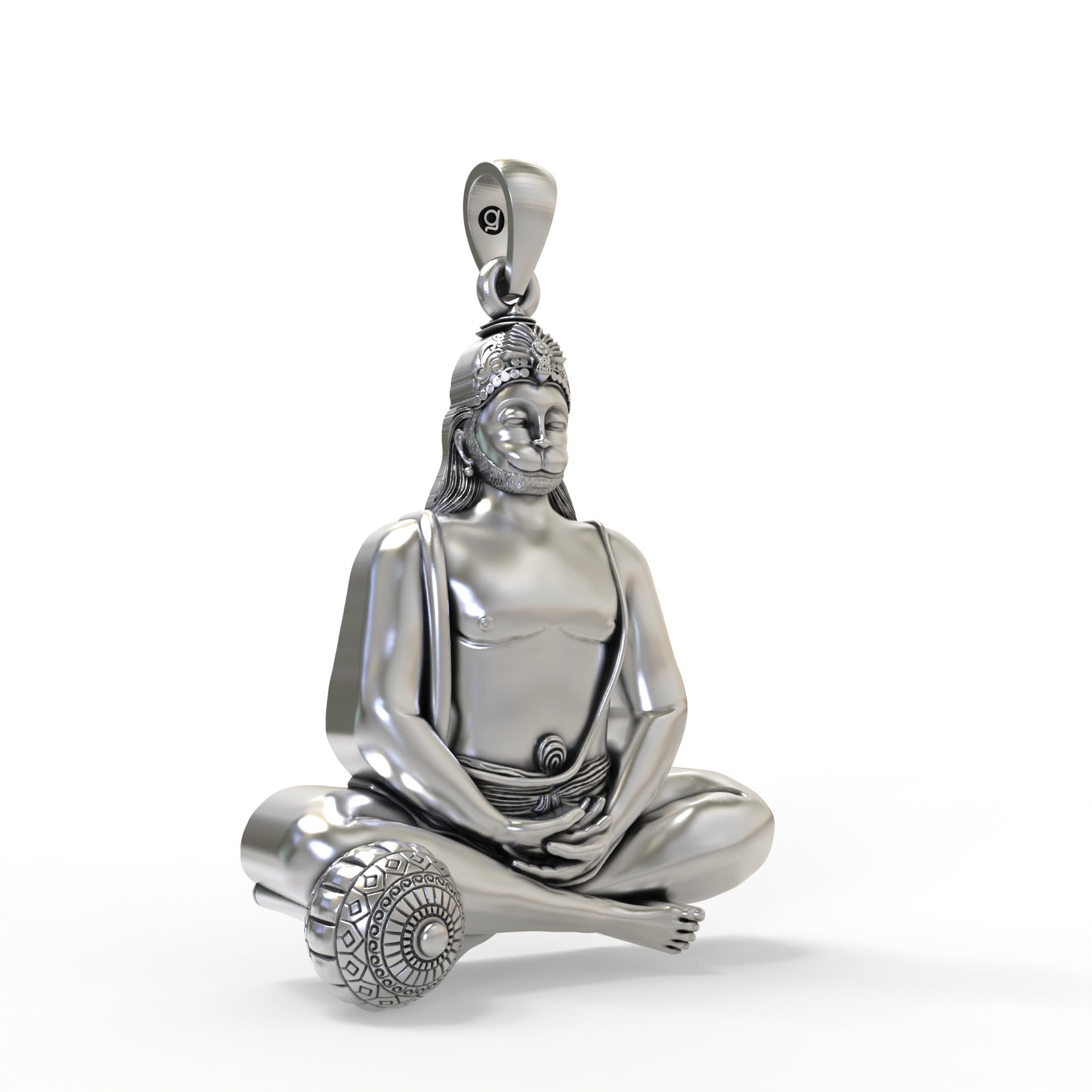 Angled side profile of the Silver Moraribapu Meditating Hanumanji Pendant, showing the intricate details.