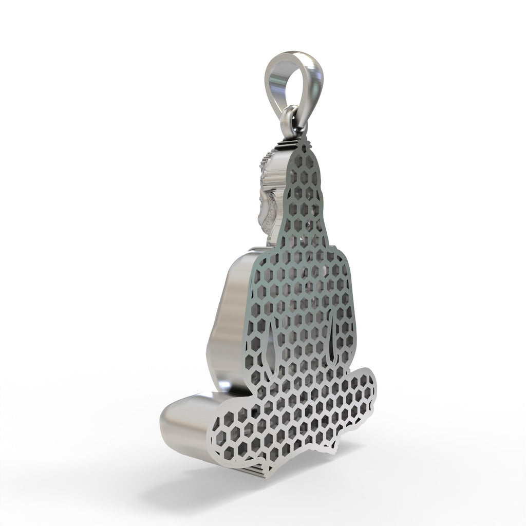 The 925 sterling silver Meditating Hanumanji Pendant showcasing its unique oxidized texture and hollow back.