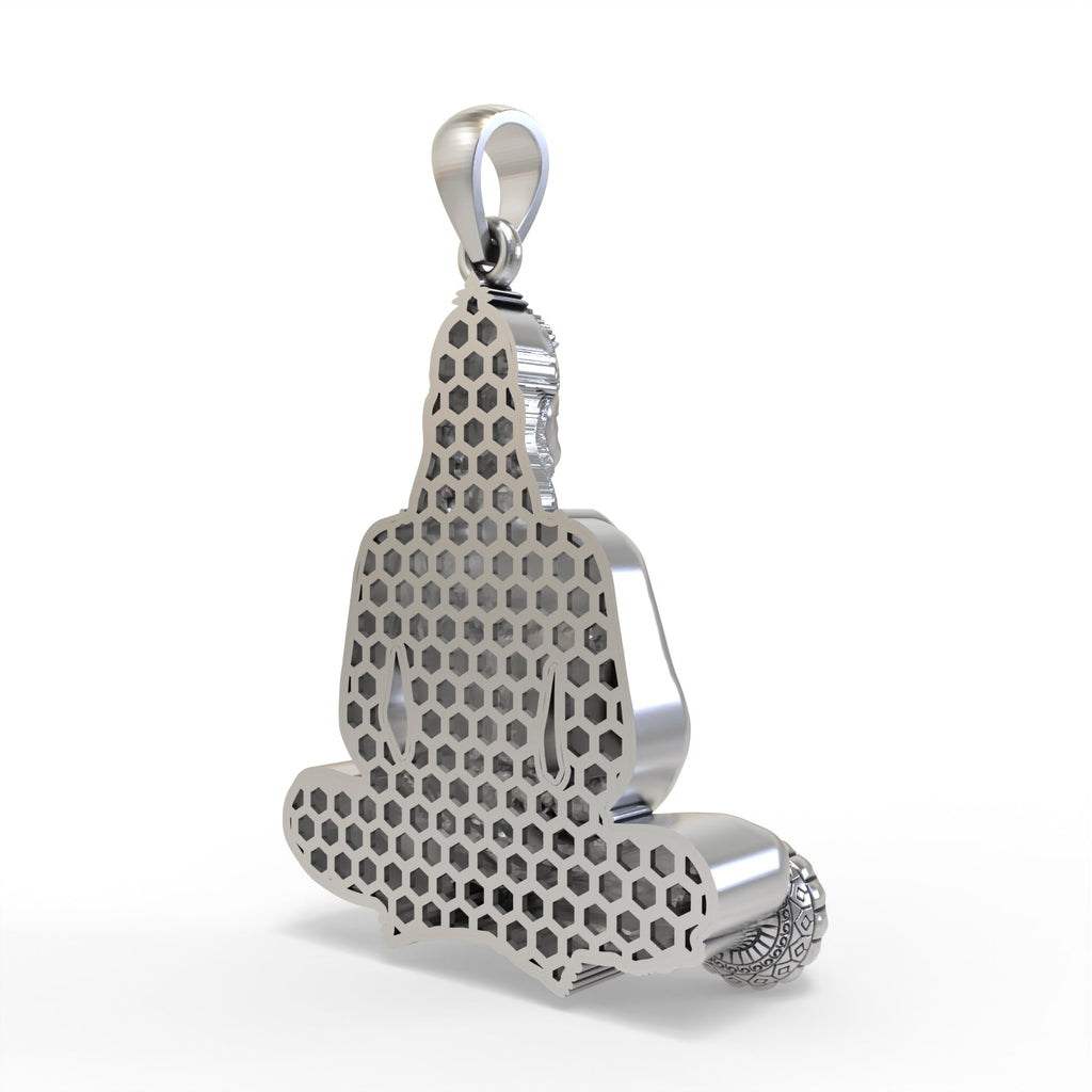 A detailed look at the Silver Moraribapu Meditating Hanumanji Pendant's rich antique-style oxidized finish.