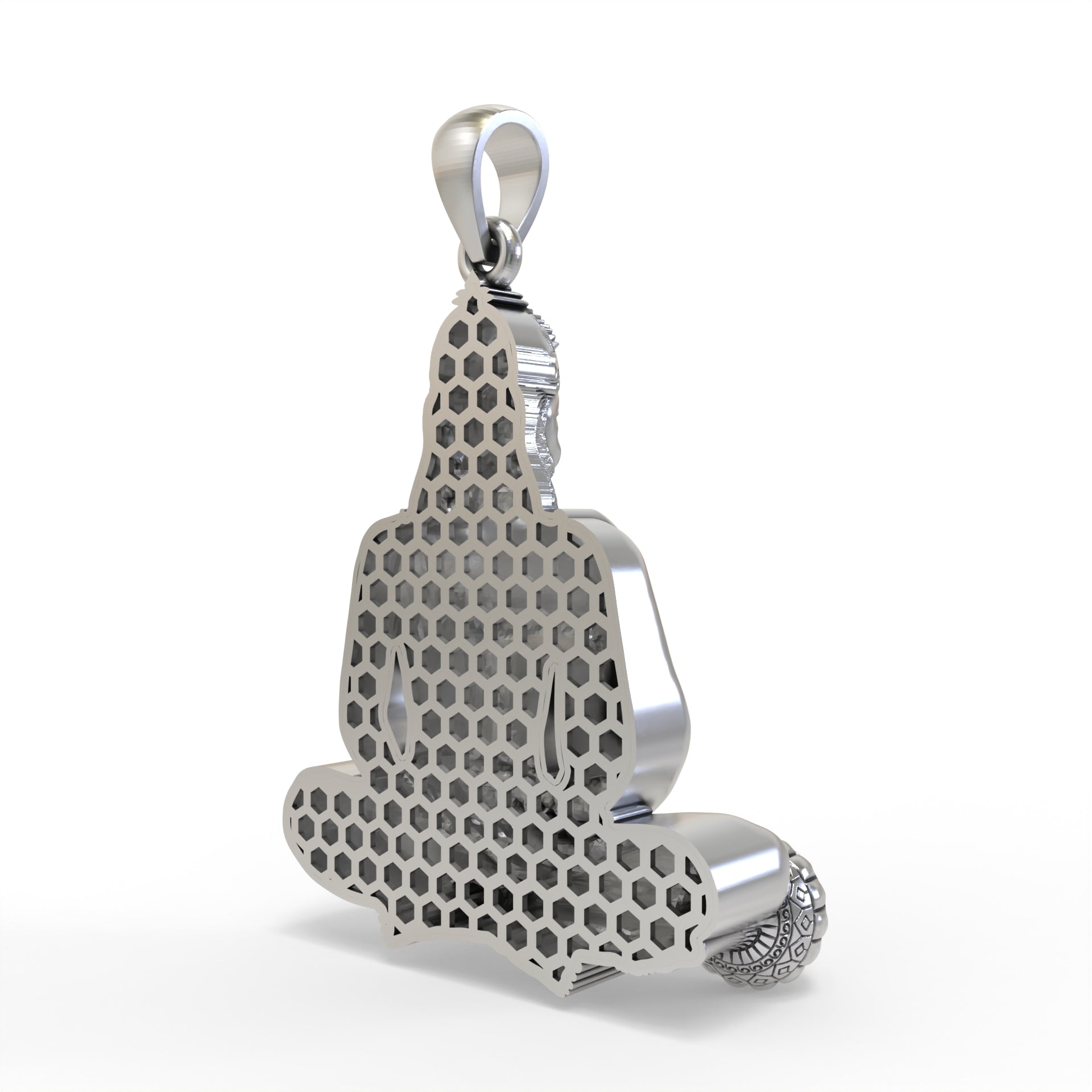 A detailed look at the Silver Moraribapu Meditating Hanumanji Pendant's rich antique-style oxidized finish.