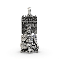 Front view of the 925 oxidised silver Raghavendra Tirtha pendant with intricate detailing of the spiritual guru.