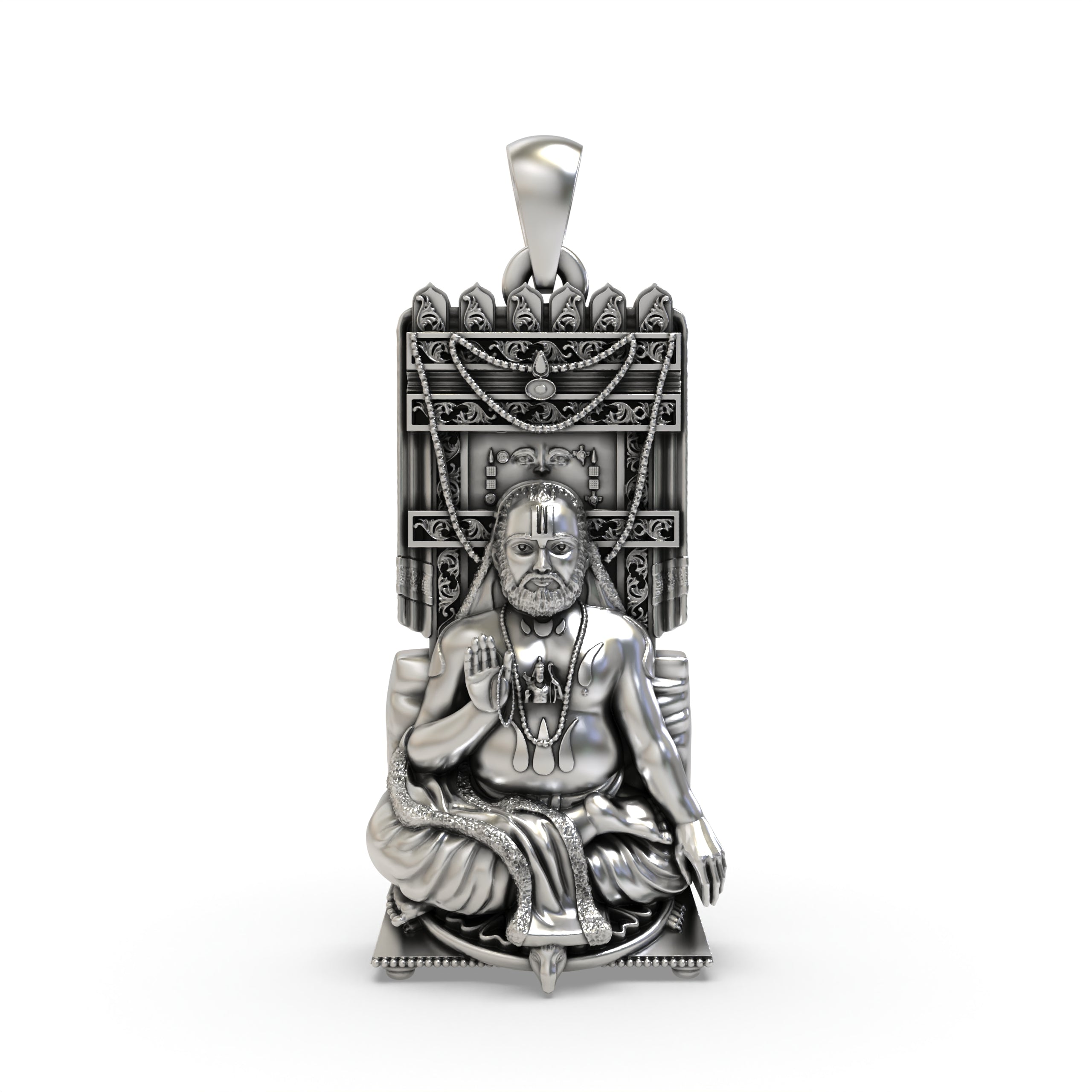 Front view of the 925 oxidised silver Raghavendra Tirtha pendant with intricate detailing of the spiritual guru.