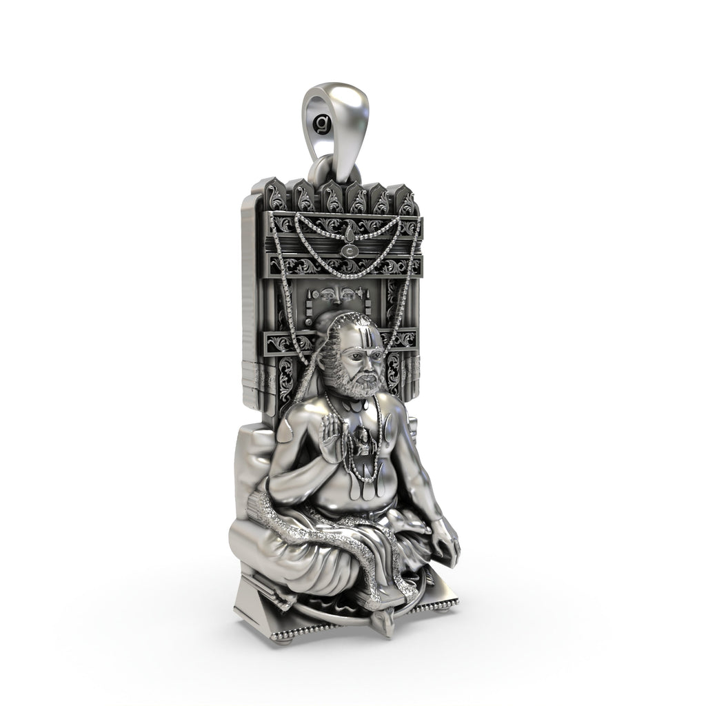 A 925 silver Raghavendra Tirtha pendant showcasing its traditional oxidised texture and lightweight craftsmanship.
