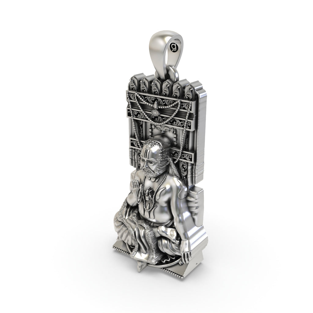 Angled perspective of the handcrafted Raghavendra Tirtha guru locket, highlighting its antique oxidised silver finish.