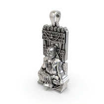 Angled perspective of the handcrafted Raghavendra Tirtha guru locket, highlighting its antique oxidised silver finish.