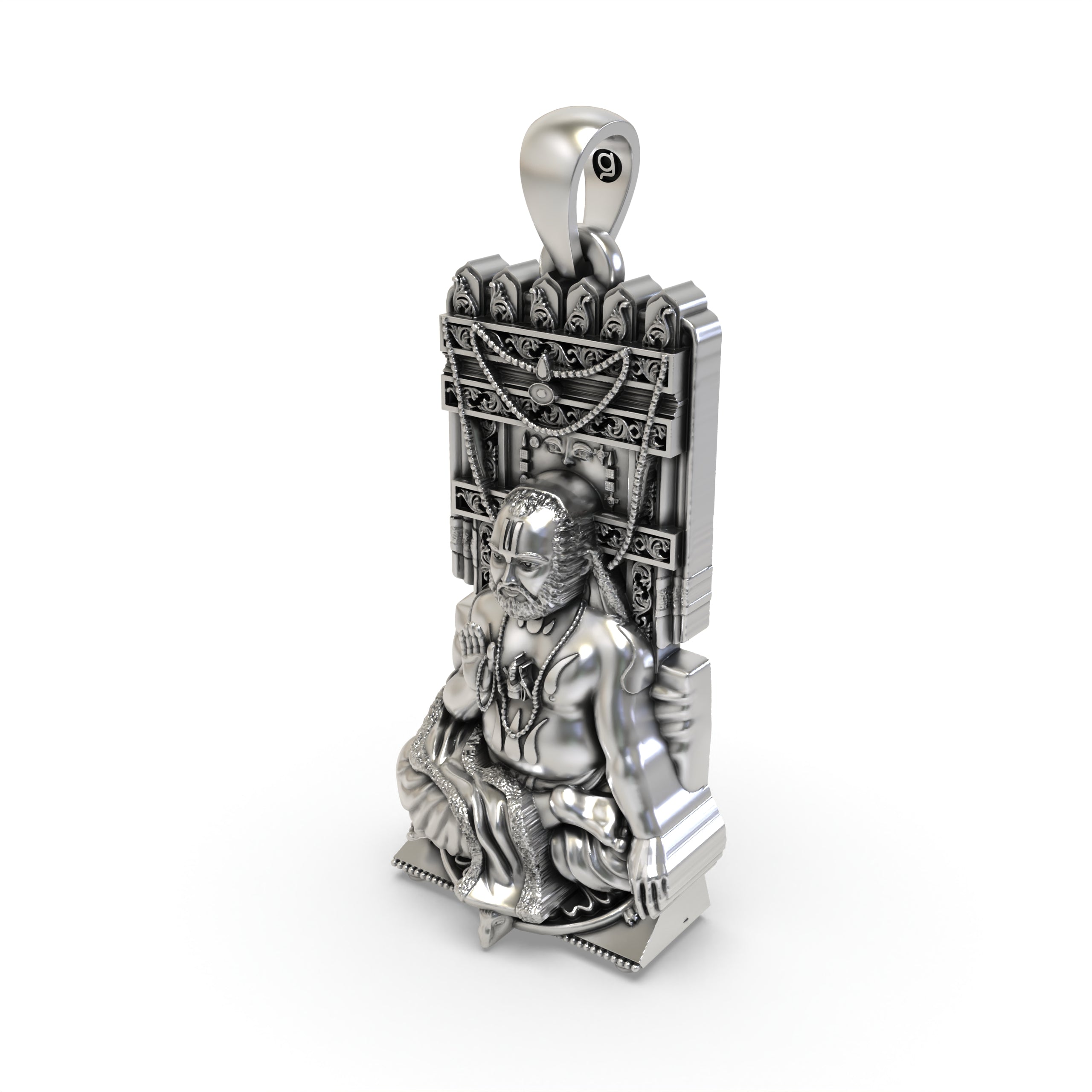 Angled perspective of the handcrafted Raghavendra Tirtha guru locket, highlighting its antique oxidised silver finish.