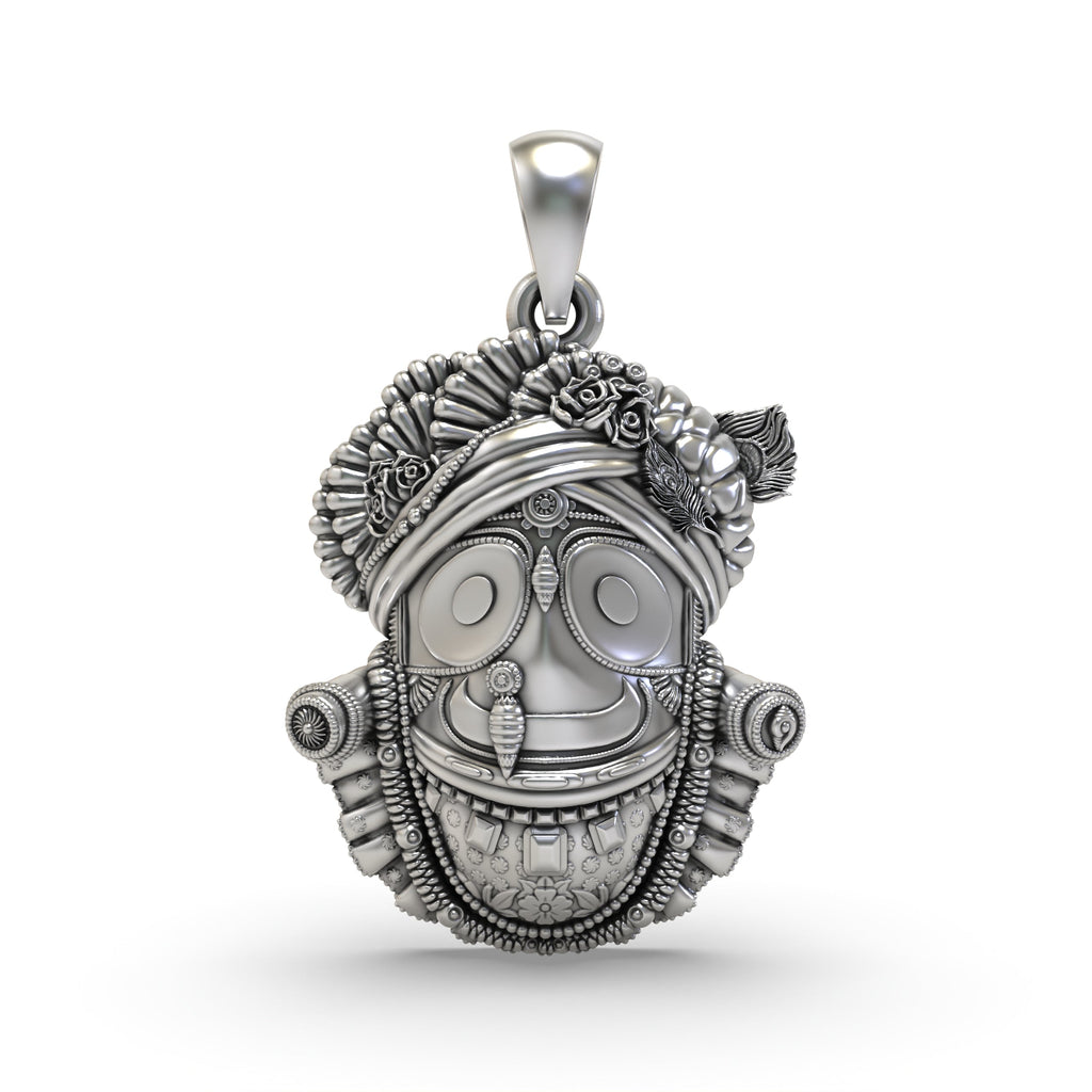 Front view of the intricately detailed 925 sterling silver Jagannath pendant with a traditional oxidized finish.