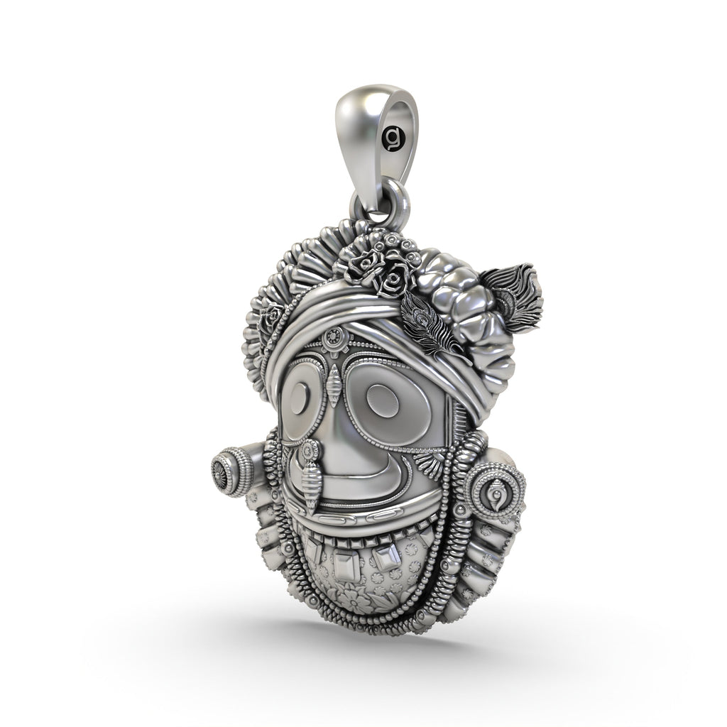 Angled side view of the Alankar 925 silver Lord Jagannath pendant, highlighting its divine form and craftsmanship.