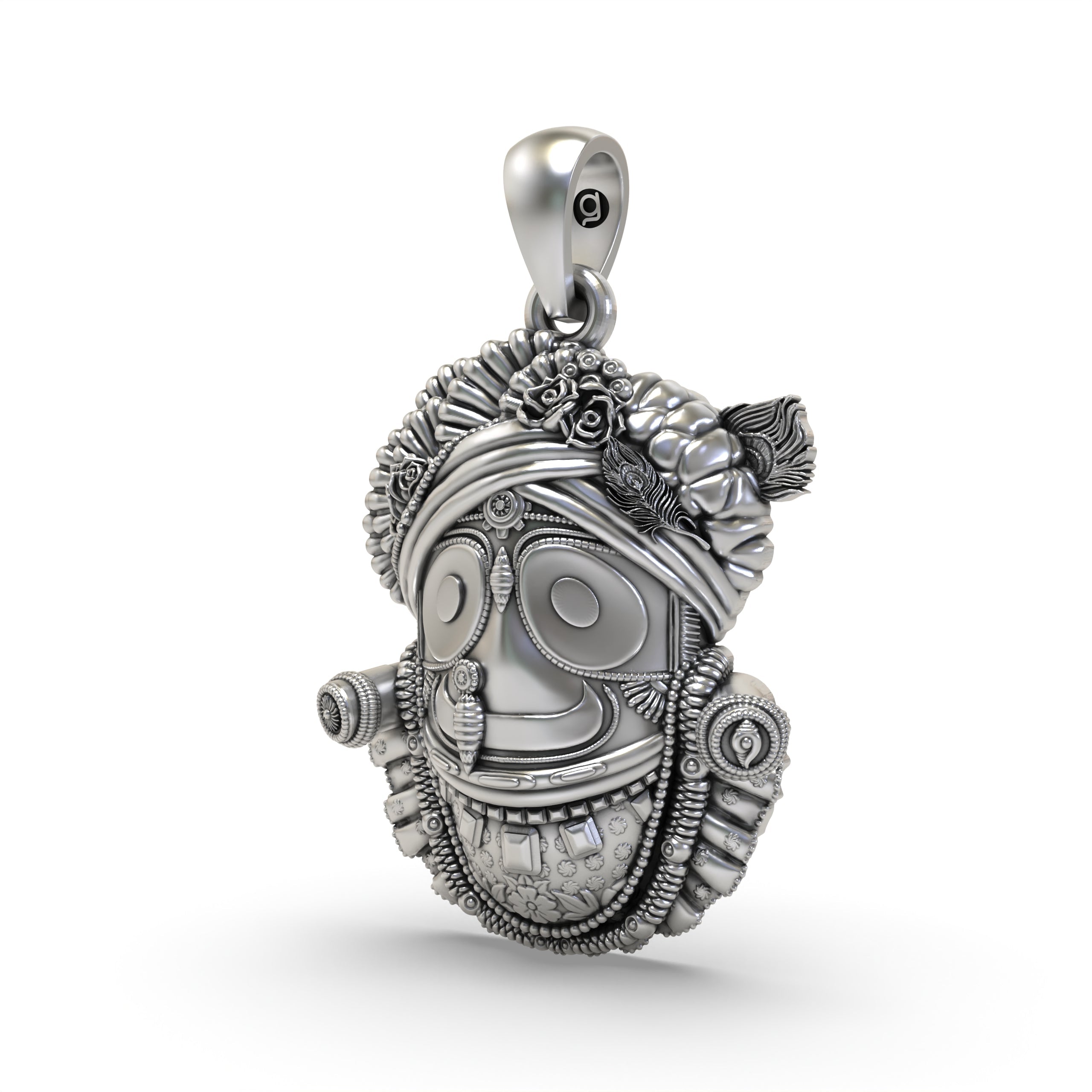 Angled side view of the Alankar 925 silver Lord Jagannath pendant, highlighting its divine form and craftsmanship.