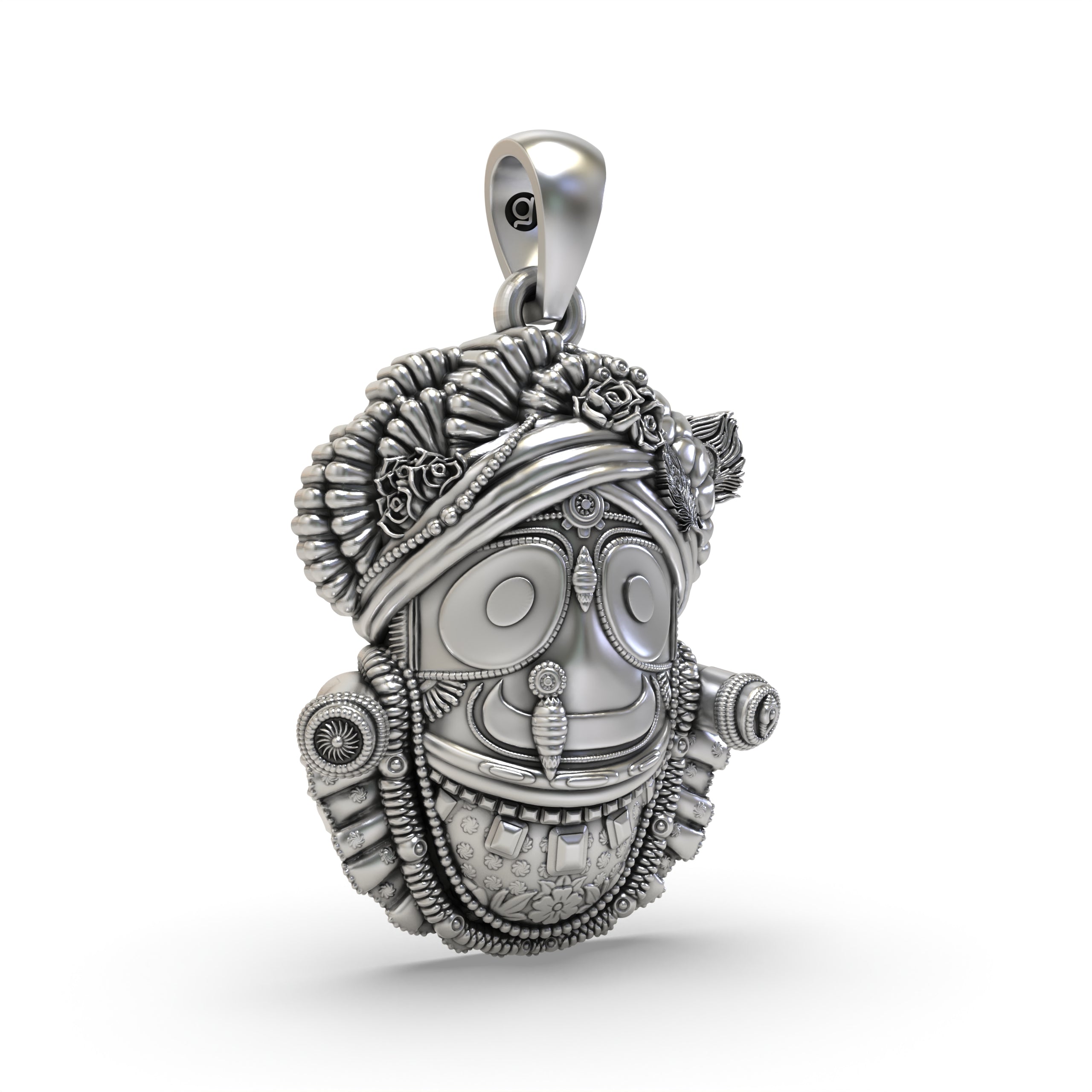 Close-up detail of the oxidized 925 silver Jagannath pendant, showing the intricate carvings on the deity's face.