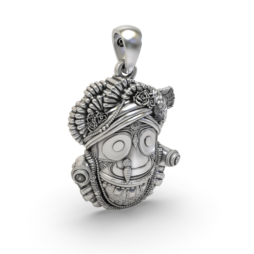 A side profile shot of the handcrafted 925 silver Jagannath locket, showcasing its dimensional design and finish.