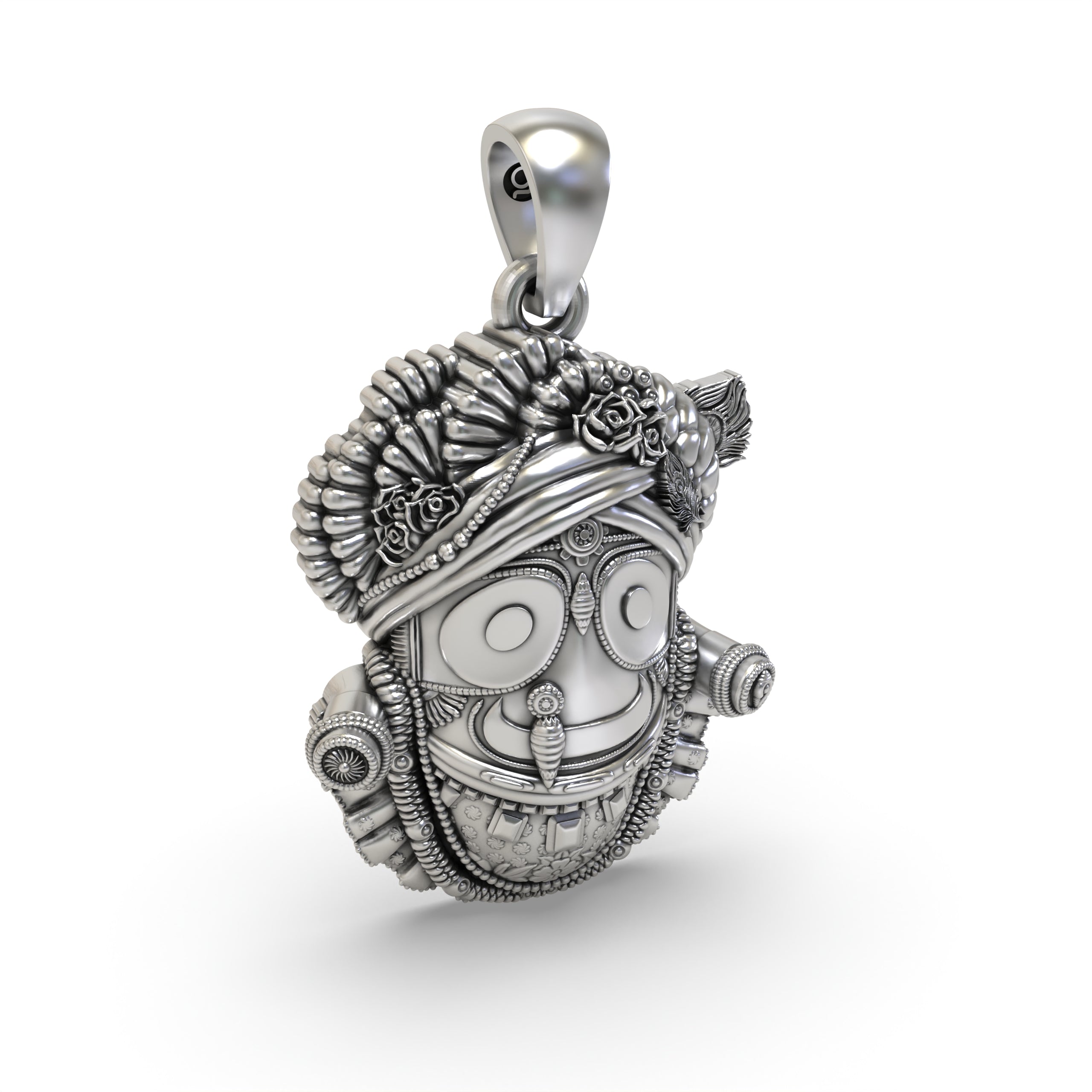 A side profile shot of the handcrafted 925 silver Jagannath locket, showcasing its dimensional design and finish.