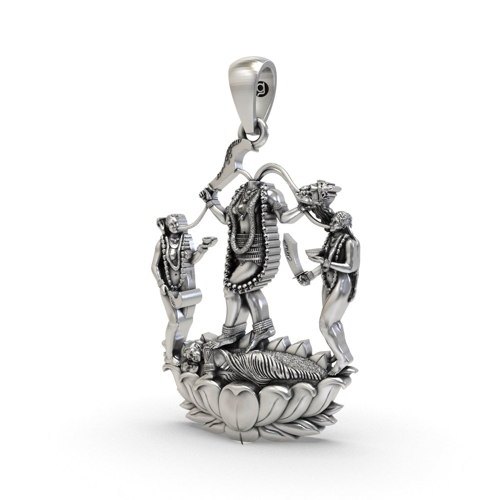 Angled profile of the Chhinnamastika Devi pendant, showcasing the intricate details and antique finish on 925 silver.