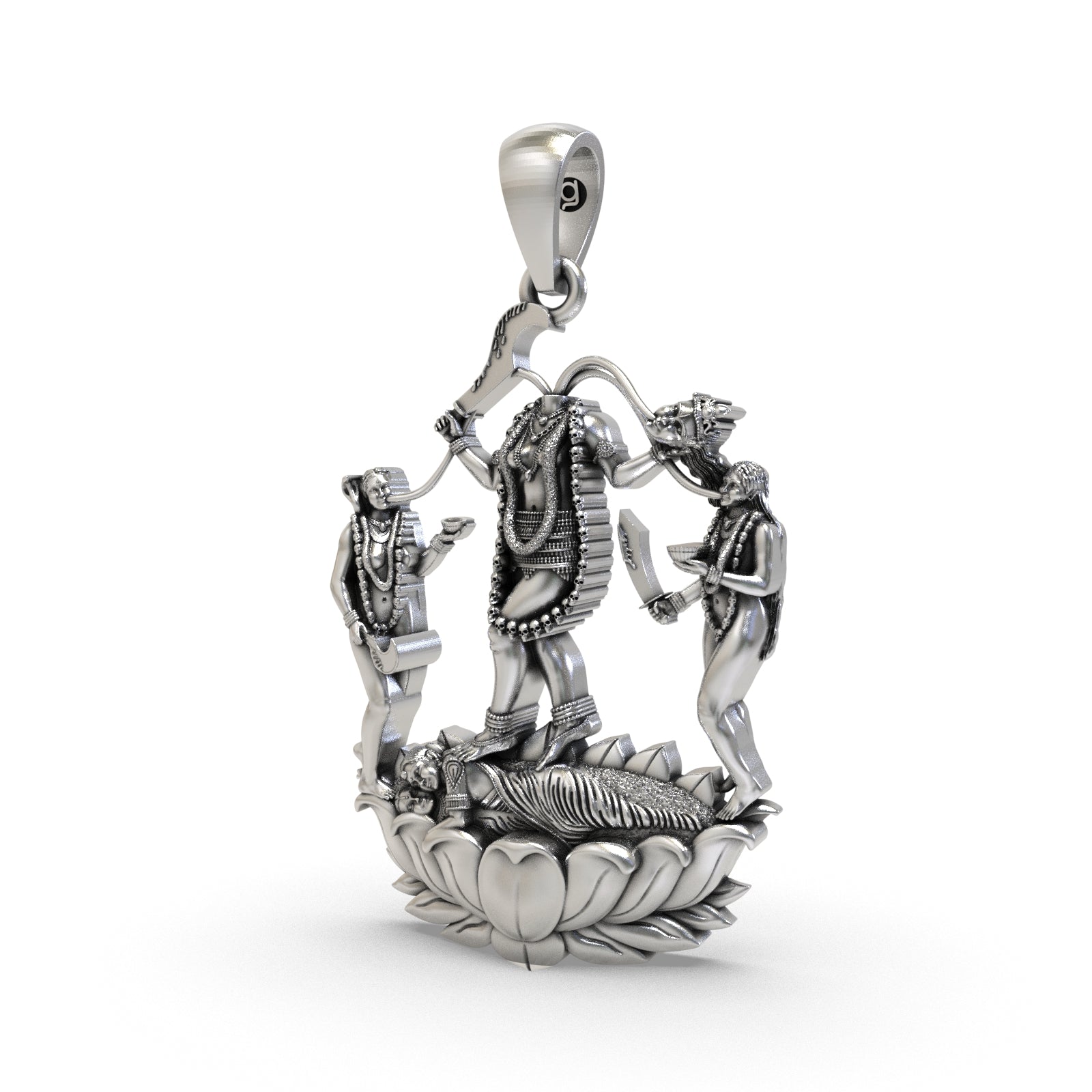 Angled profile of the Chhinnamastika Devi pendant, showcasing the intricate details and antique finish on 925 silver.