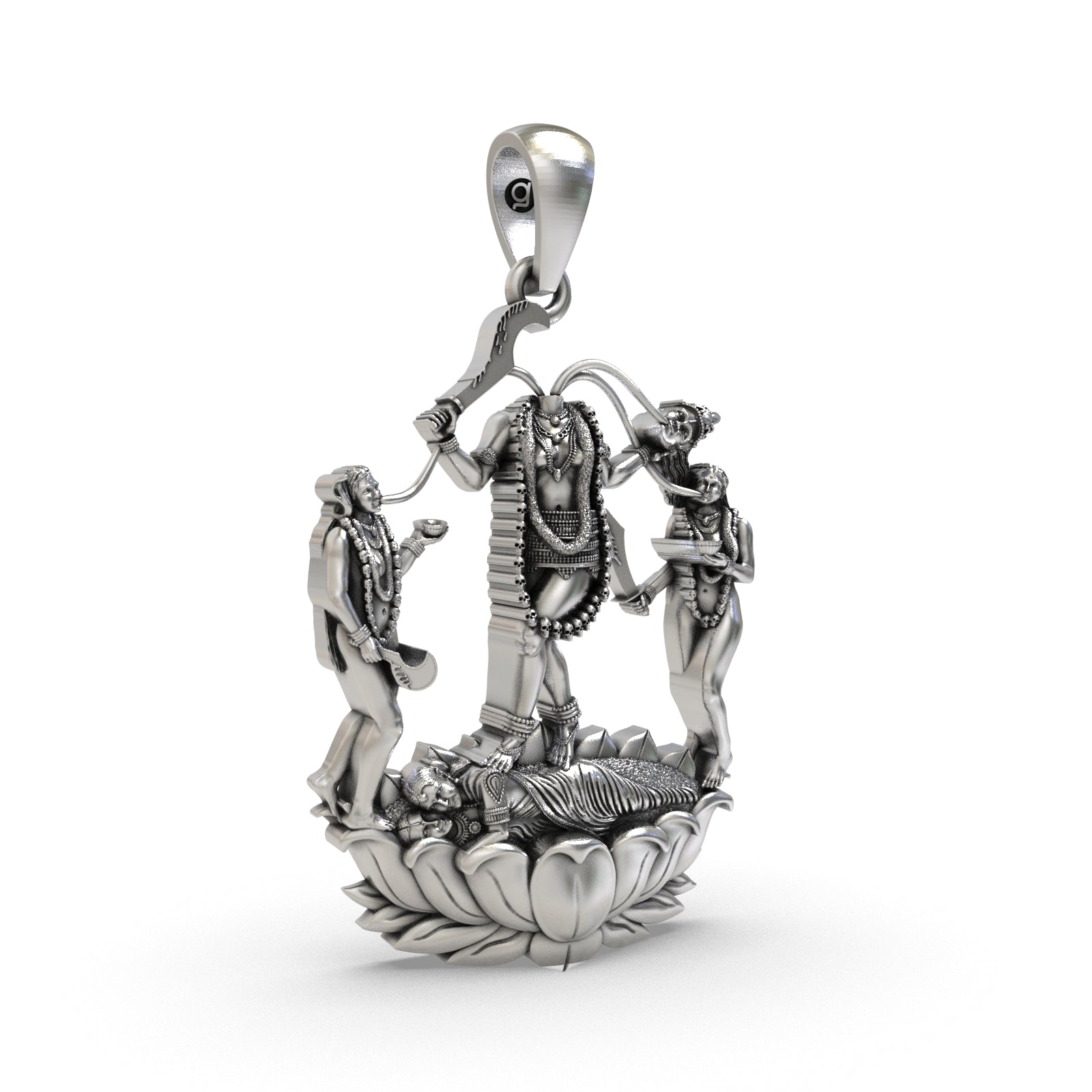 Close-up detail on the Chhinnamastika, Prachanda Chandika, and Jogani Maa silver pendant's intricate carving work.