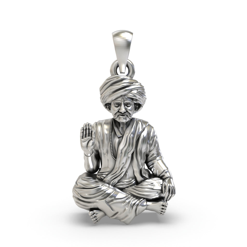 Front view of the 925 oxidised silver Bhoja Bhagat pendant showcasing the saint's detailed depiction and antique finish.