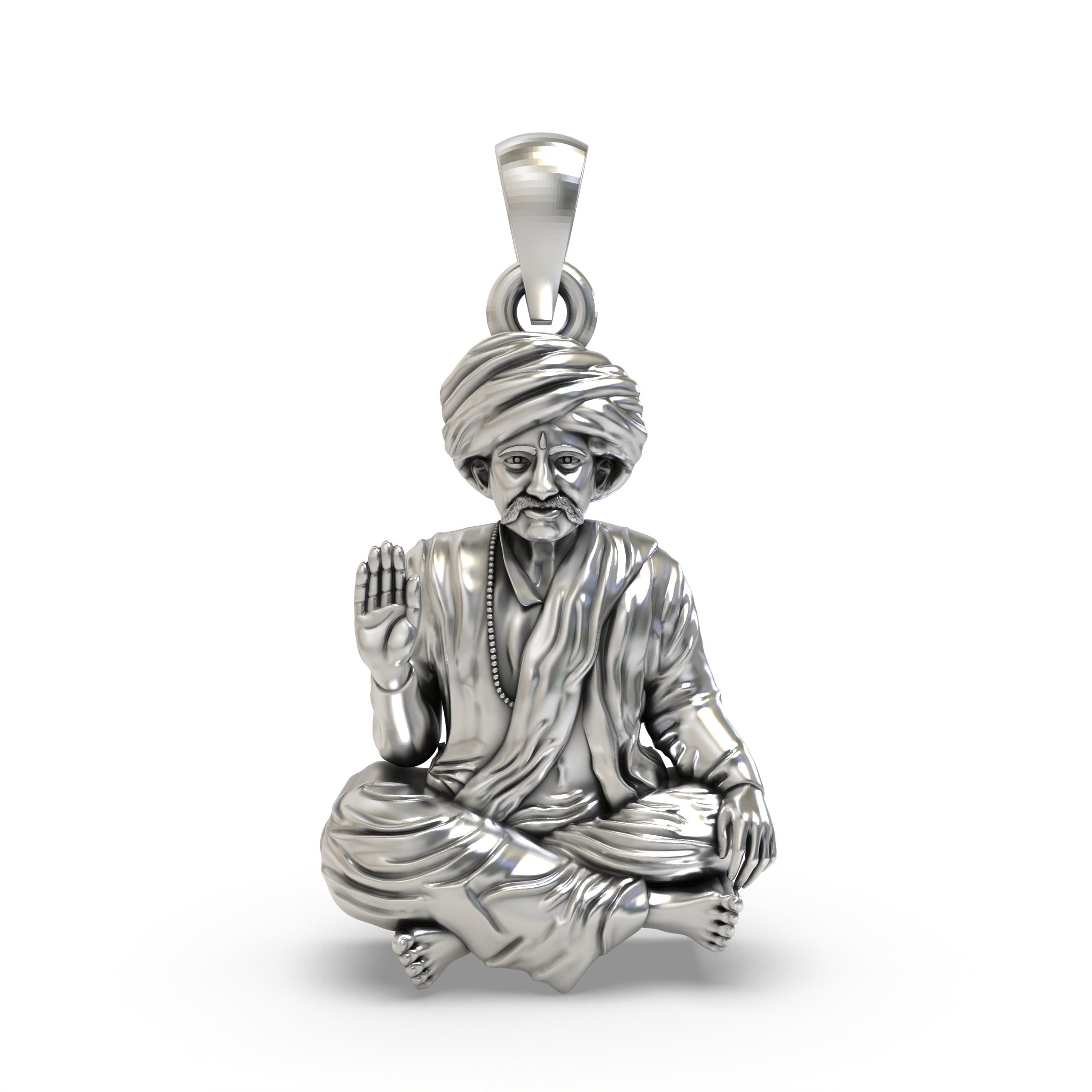 Front view of the 925 oxidised silver Bhoja Bhagat pendant showcasing the saint's detailed depiction and antique finish.
