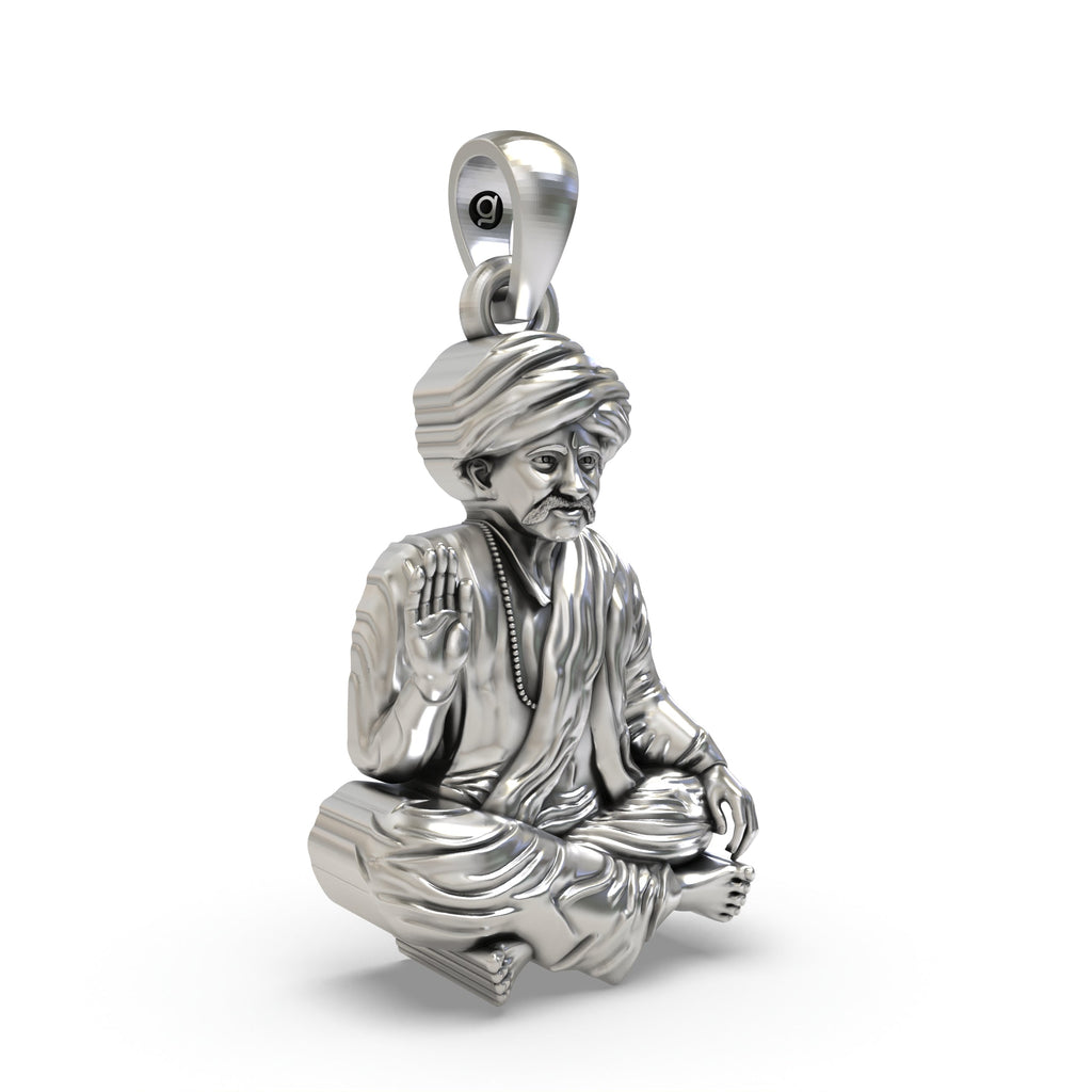 Side view of the Bhoja Bhagat silver pendant, displaying its depth, dimensions, and the unique oxidised finish.