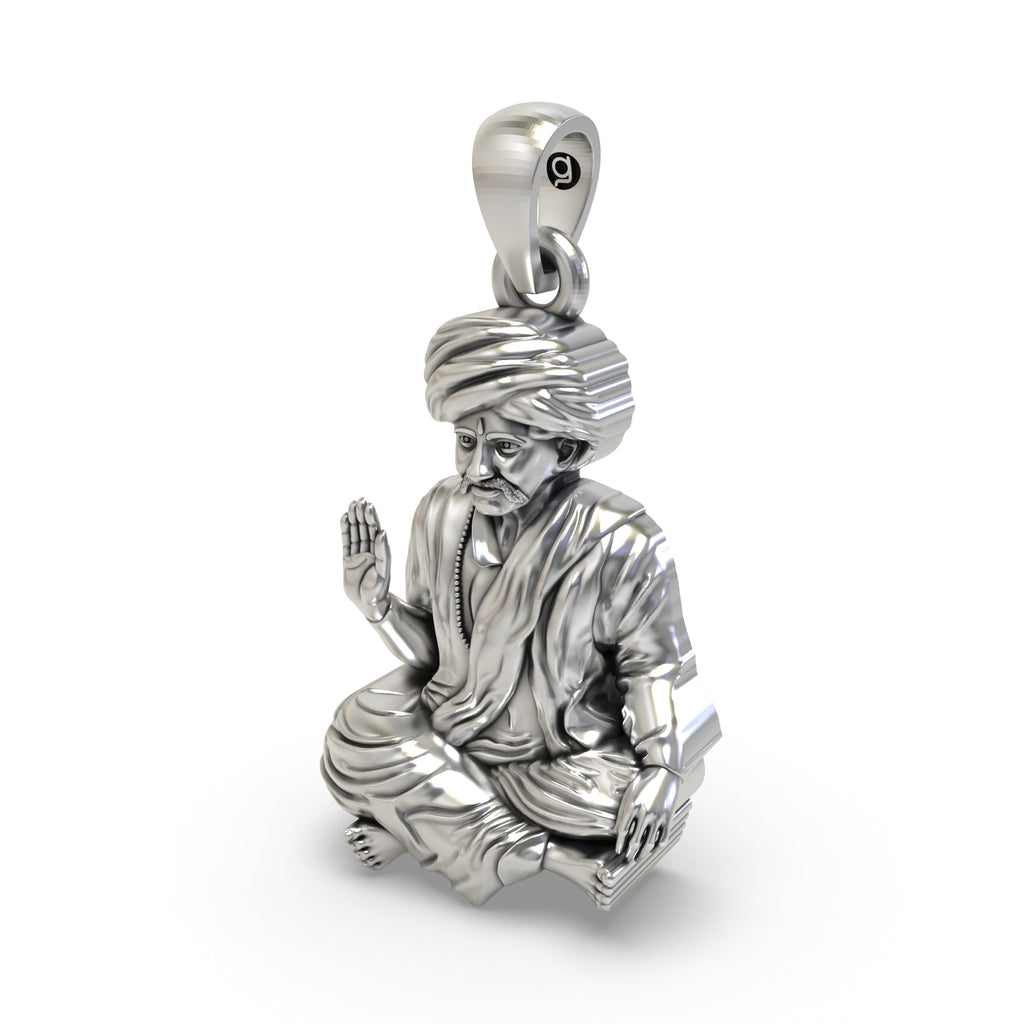 Angled profile of the sterling silver Bhoja Bhagat pendant highlighting its intricate craftsmanship and oxidised texture.