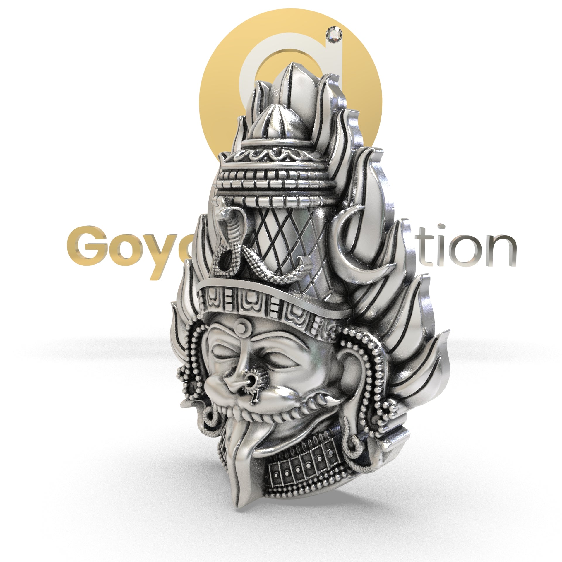 Angled side view of the 925 Silver Pratyangira Devi Pendant showcasing its intricate 3D craftsmanship and divine details.