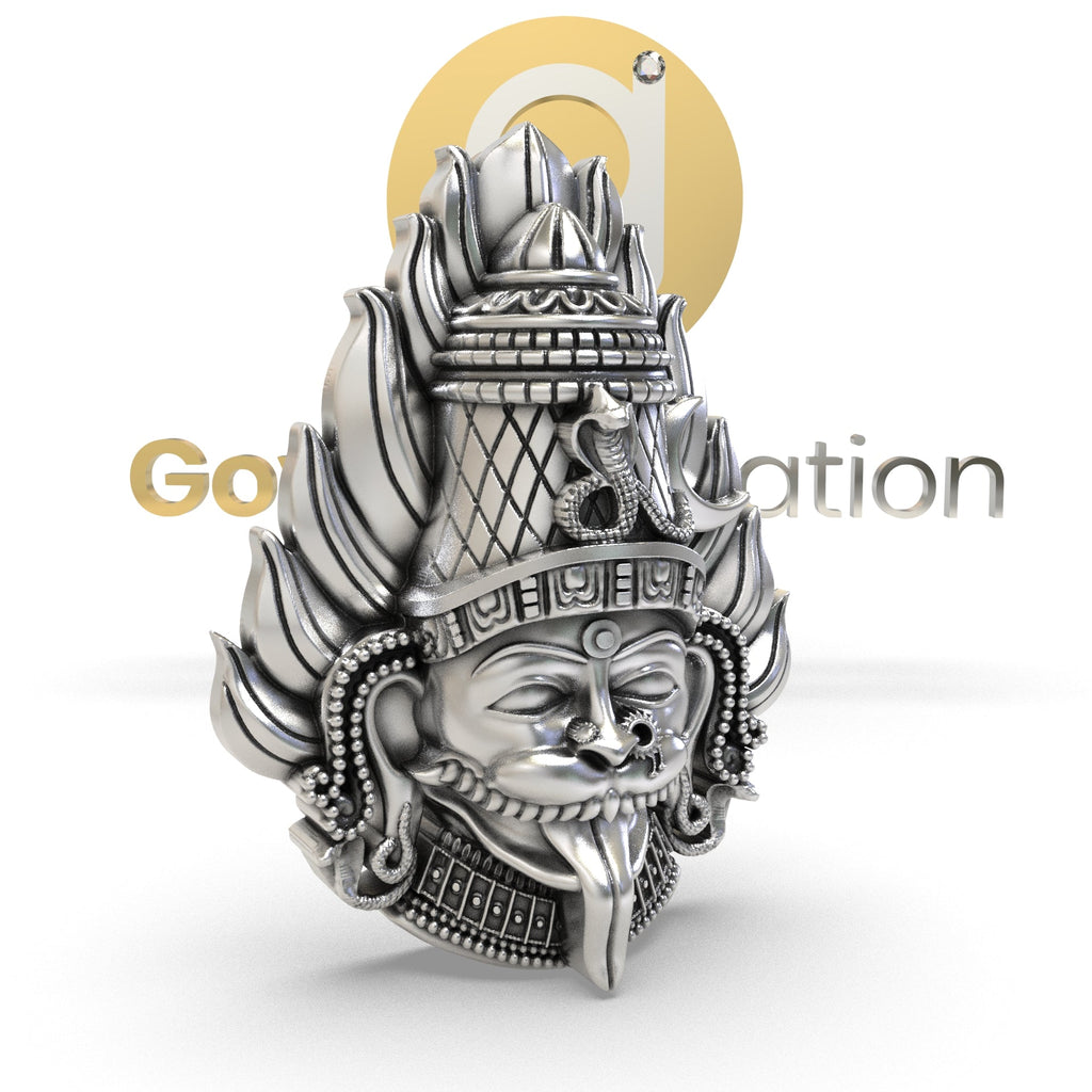 Close-up of the Pratyangira Devi Pendant in 925 sterling silver, highlighting the detailed oxidized facial features.