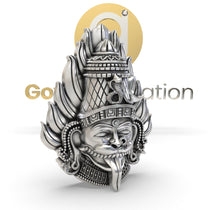 Close-up of the Pratyangira Devi Pendant in 925 sterling silver, highlighting the detailed oxidized facial features.