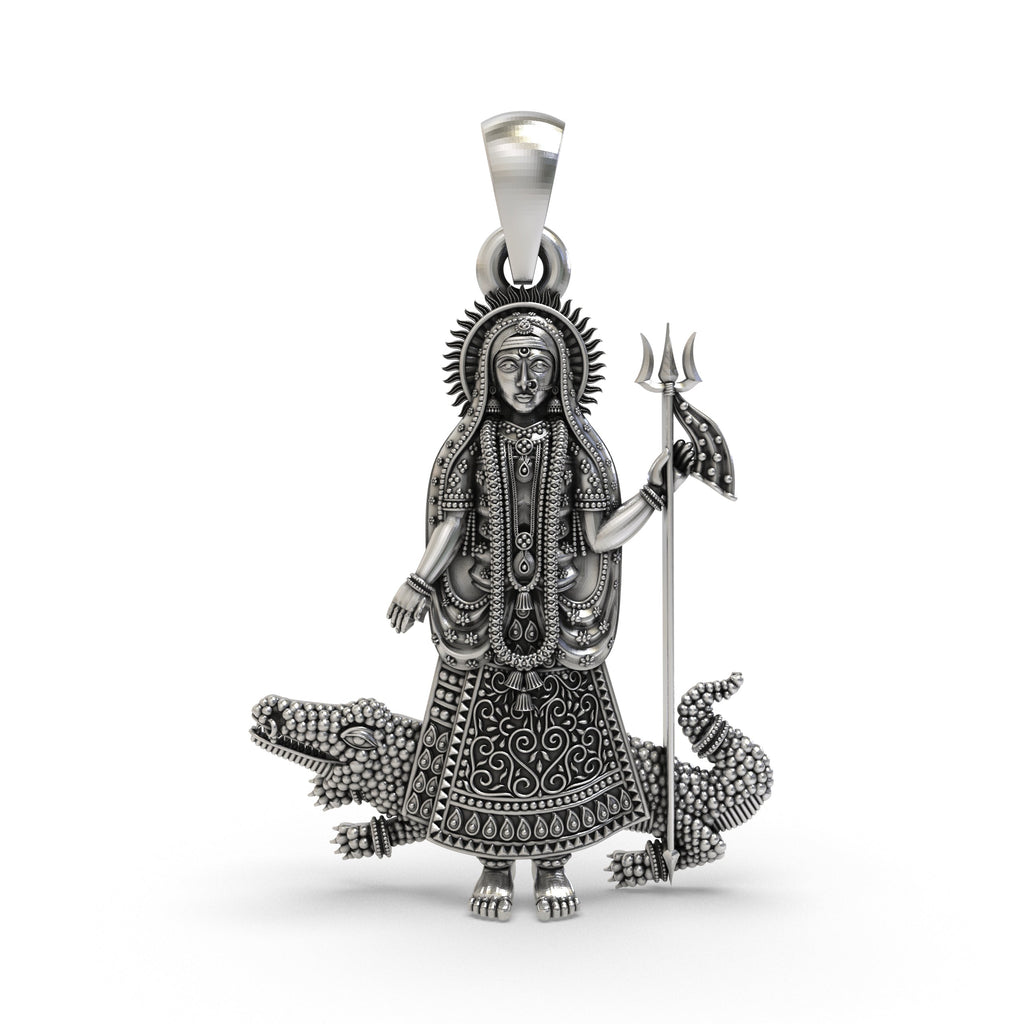 Front view of the handcrafted 925 sterling silver Khodiyar Maa pendant showing its intricate oxidized details.