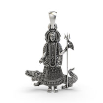 Front view of the handcrafted 925 sterling silver Khodiyar Maa pendant showing its intricate oxidized details.