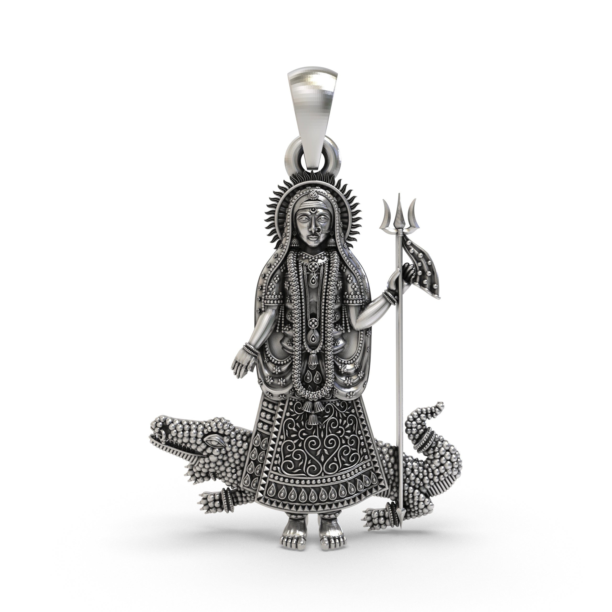 Front view of the handcrafted 925 sterling silver Khodiyar Maa pendant showing its intricate oxidized details.