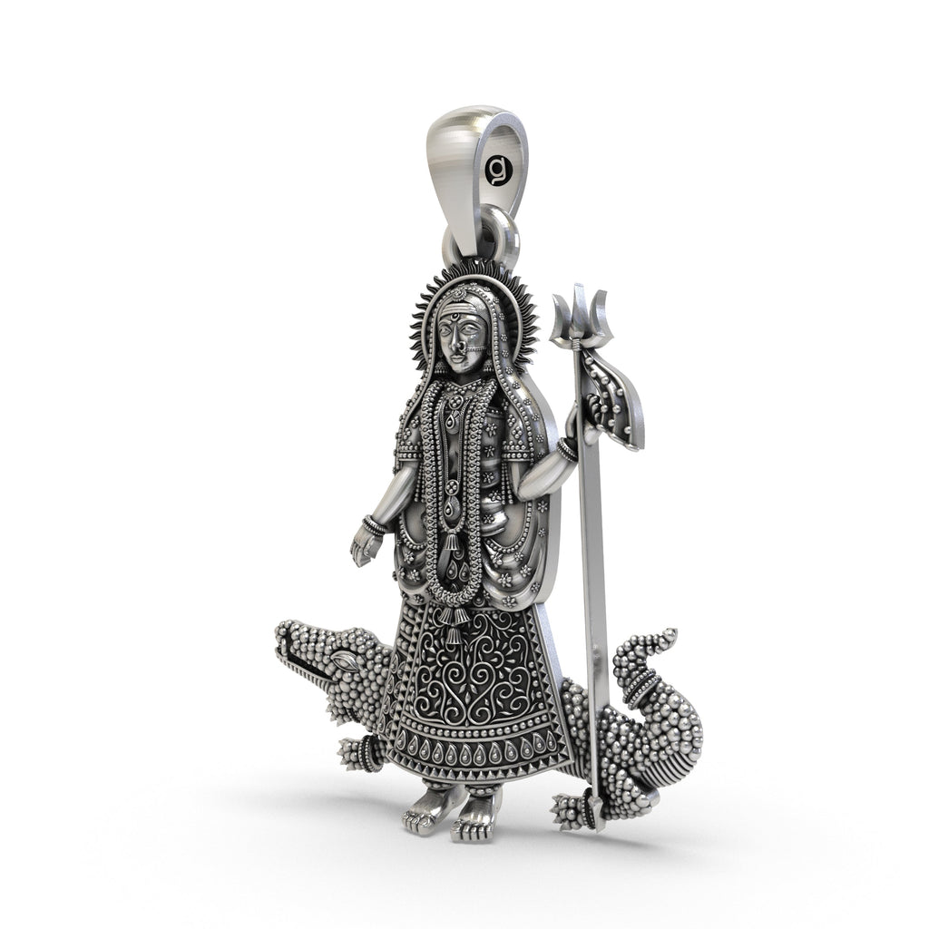 Angled side profile of the Khodiyar Maa silver pendant, highlighting the handcrafted finish and hollow back design.