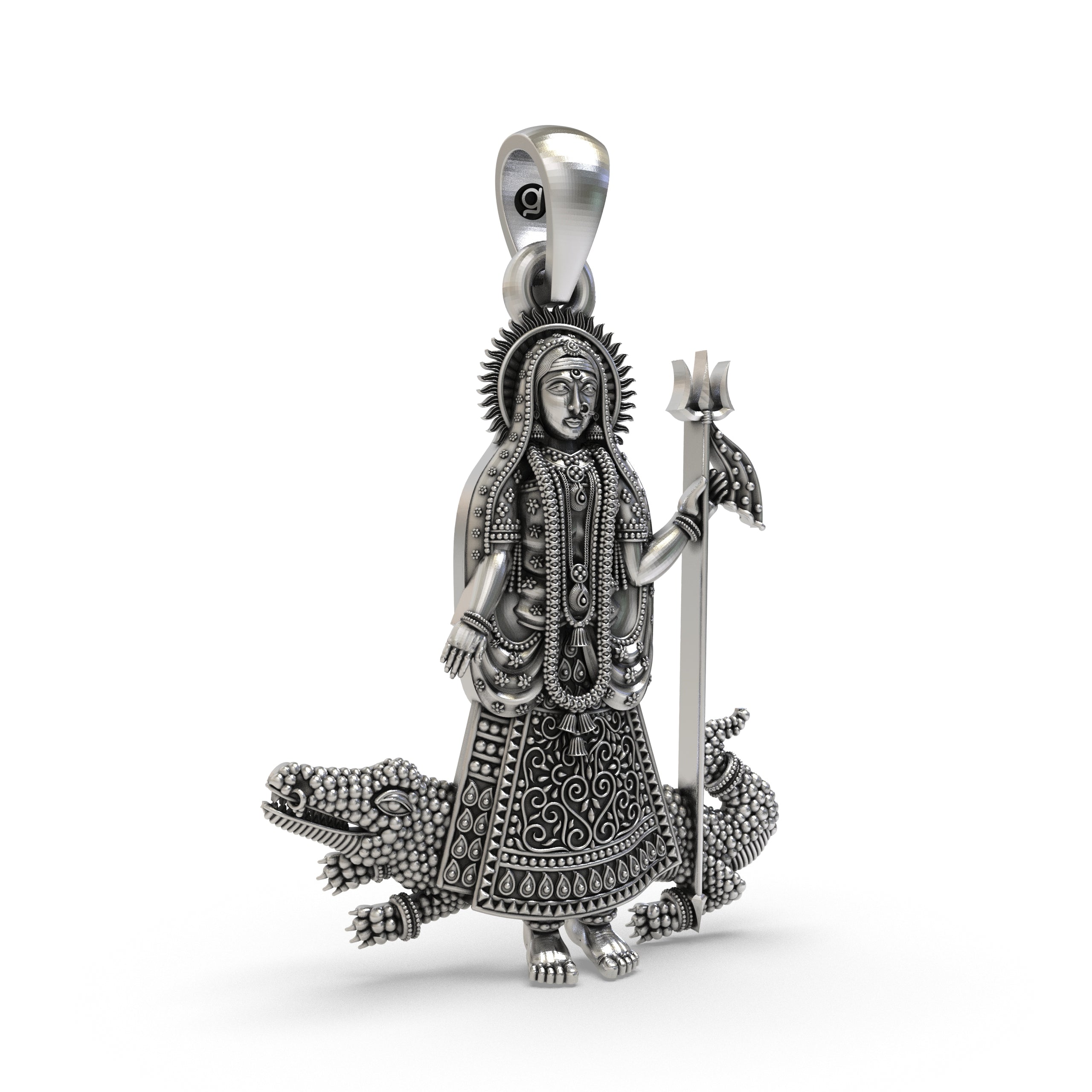 Close-up detail of the oxidized 925 silver Khodiyar Maa pendant, showcasing the fine craftsmanship of the deity.