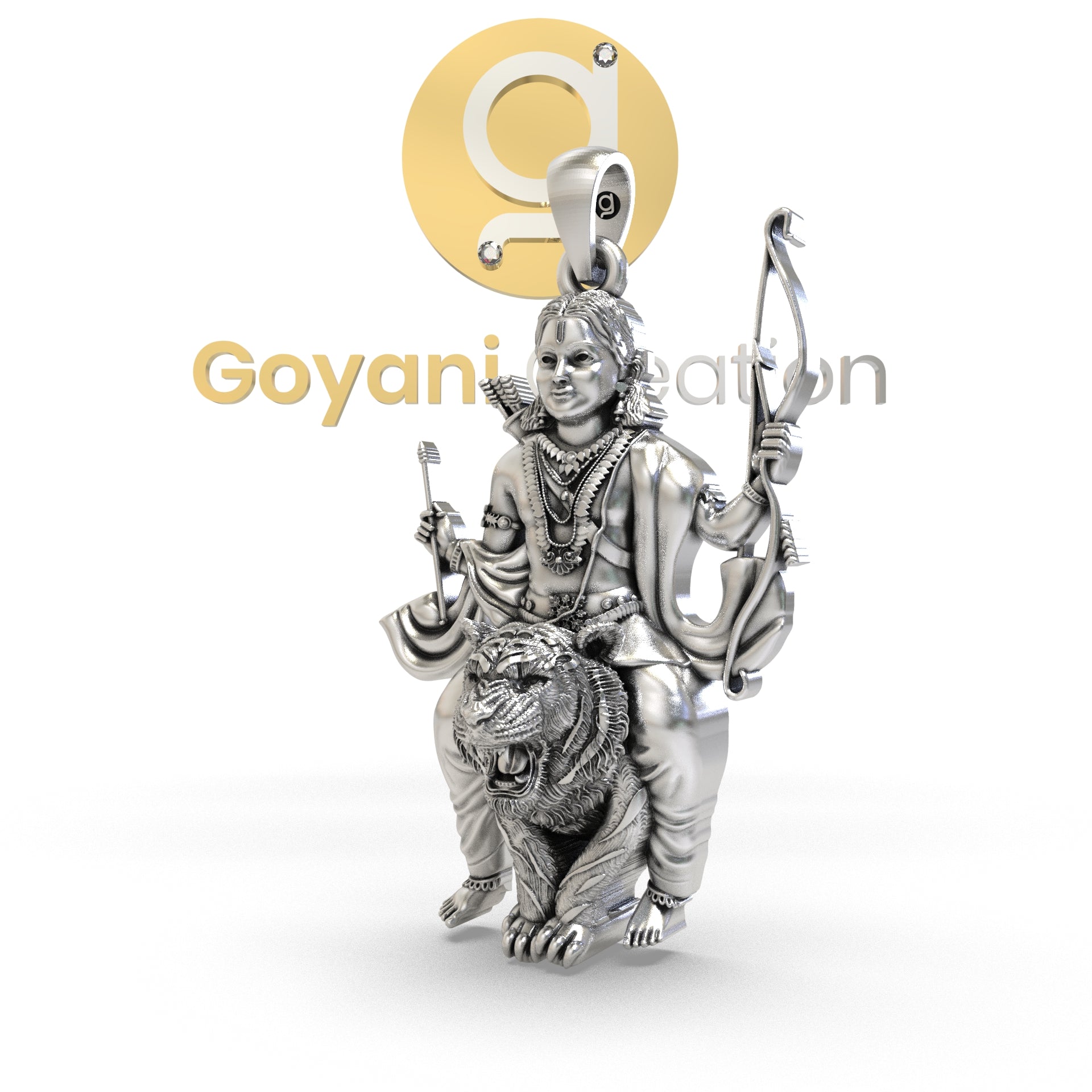 Angled side profile of the Ayyappa Swamy on Tiger silver pendant, highlighting the craftsmanship and 3D relief design.