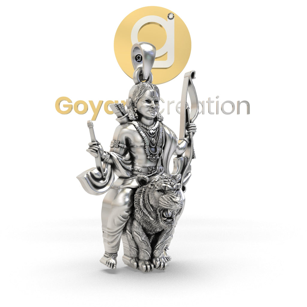 Close-up of the 2-inch 925 silver Ayyappa Swamy on tiger pendant, focusing on the antique oxidized finish and textures.
