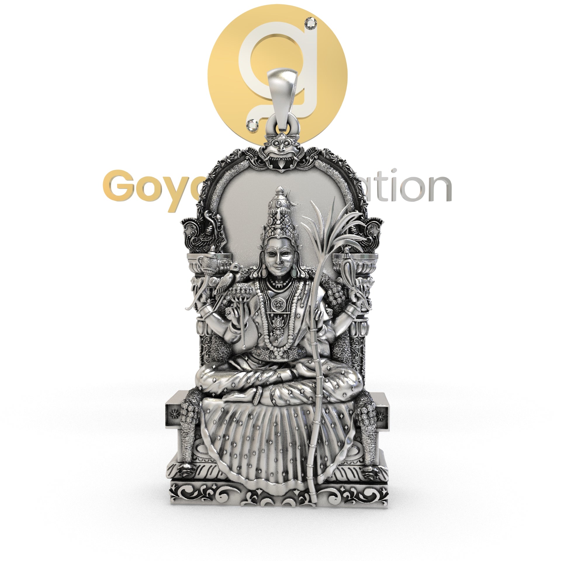 Front view of the 925 Silver Kamatchi Amman Pendant, showing the detailed oxidized finish and divine goddess engraving.
