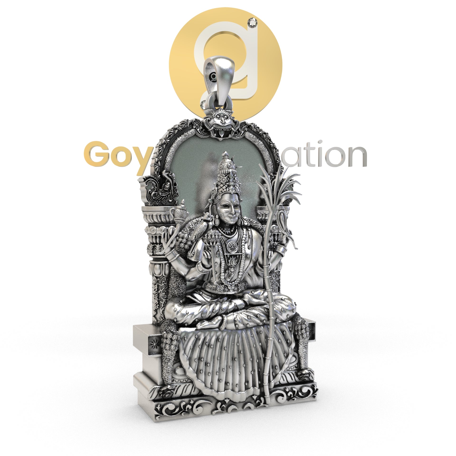 Close-up detail of the Kamatchi Amman Pendant in 925 silver, showcasing the intricate design and antique oxidized texture.