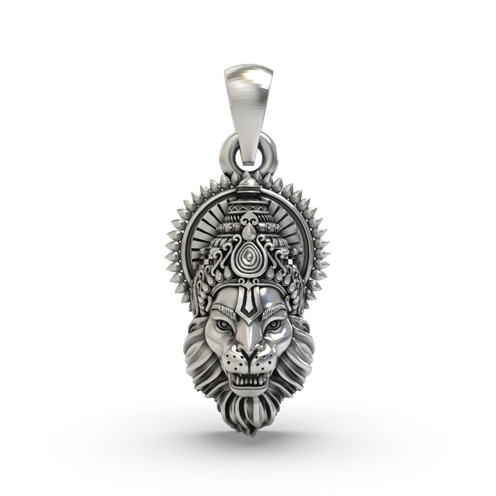Front view of the 925 sterling silver Narasimha face pendant with a detailed, fierce expression and oxidised finish.