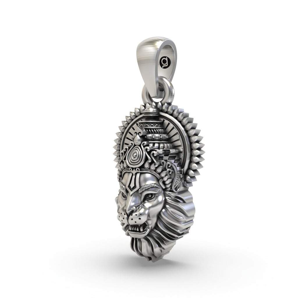 Angled profile of the antique-finish 925 silver Narasimha pendant, showing the depth of the divine craftsmanship.