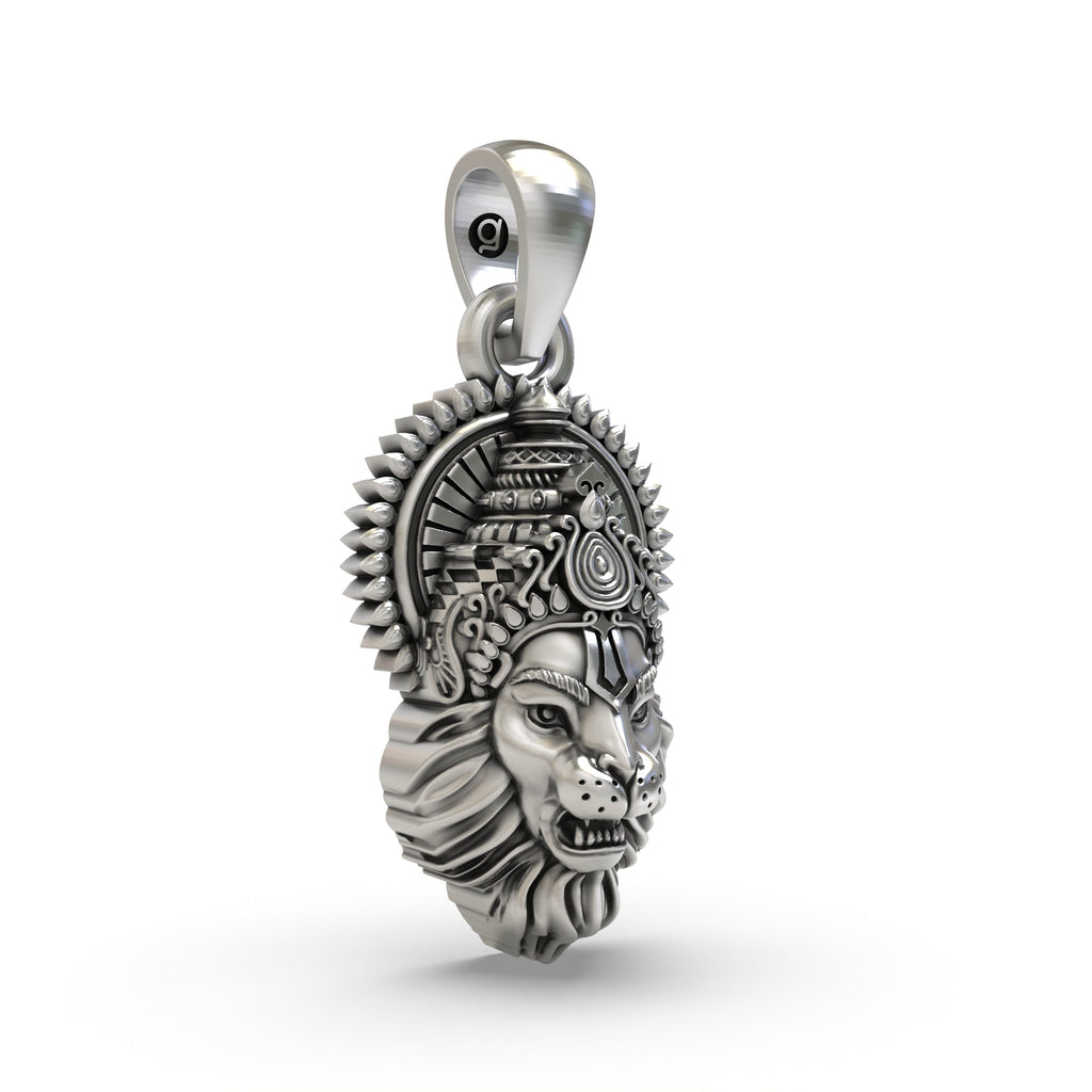 A close-up of the Lord Narasimha face pendant in 925 silver, highlighting the texture of the antique oxidised finish.