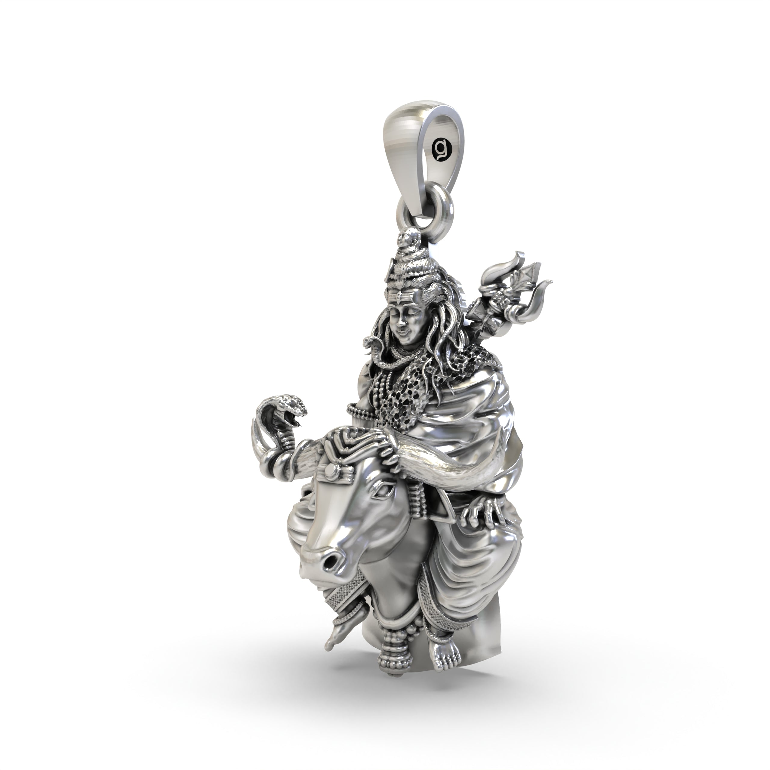 An angled side profile of the oxidised 925 silver Shiva on Nandi pendant, showing its dimensional form and hollow back.