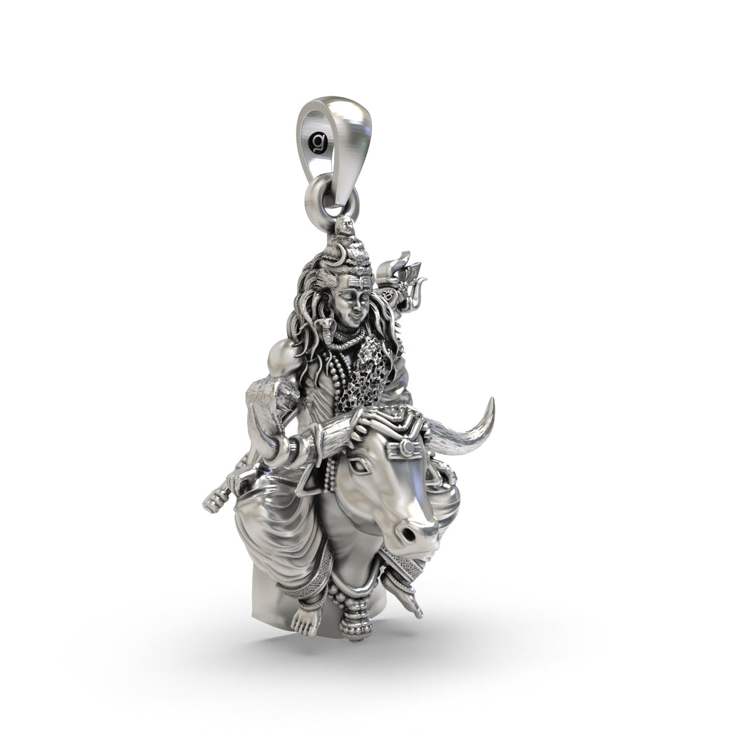 The 925 sterling silver Shiva on Nandi pendant displaying its full form with a rich, dark antique oxidised patina.
