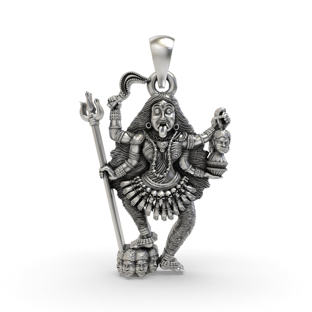 Front view of the handcrafted 925 oxidised silver Kalimaa pendant, showing the fierce goddess in full detail.