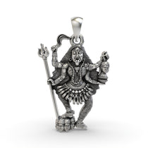 Front view of the handcrafted 925 oxidised silver Kalimaa pendant, showing the fierce goddess in full detail.